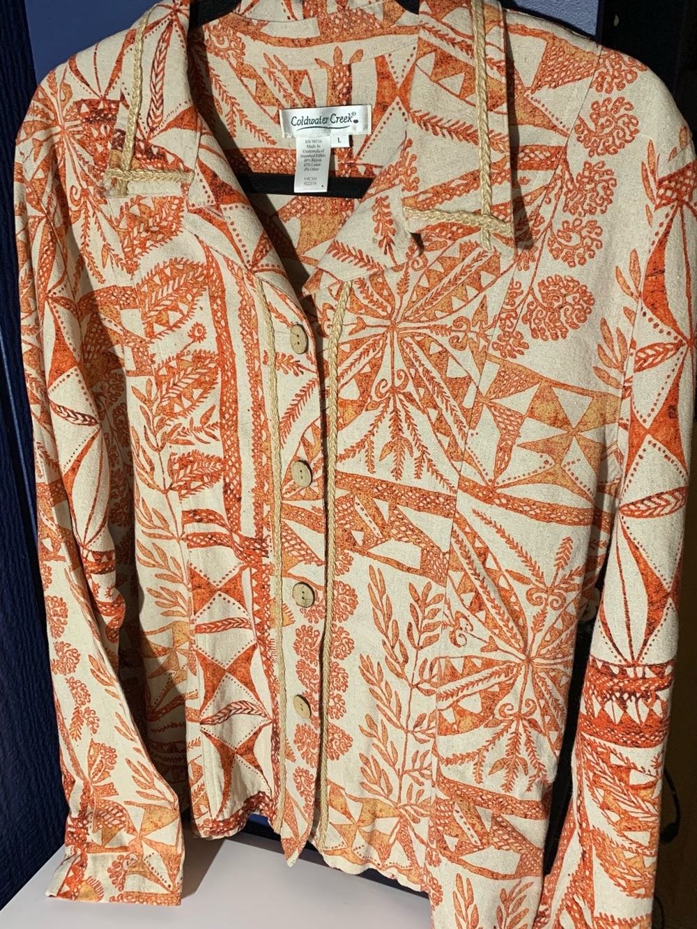 Coldwater Creek Orange and Cream Button-Down Shirt or light jacket